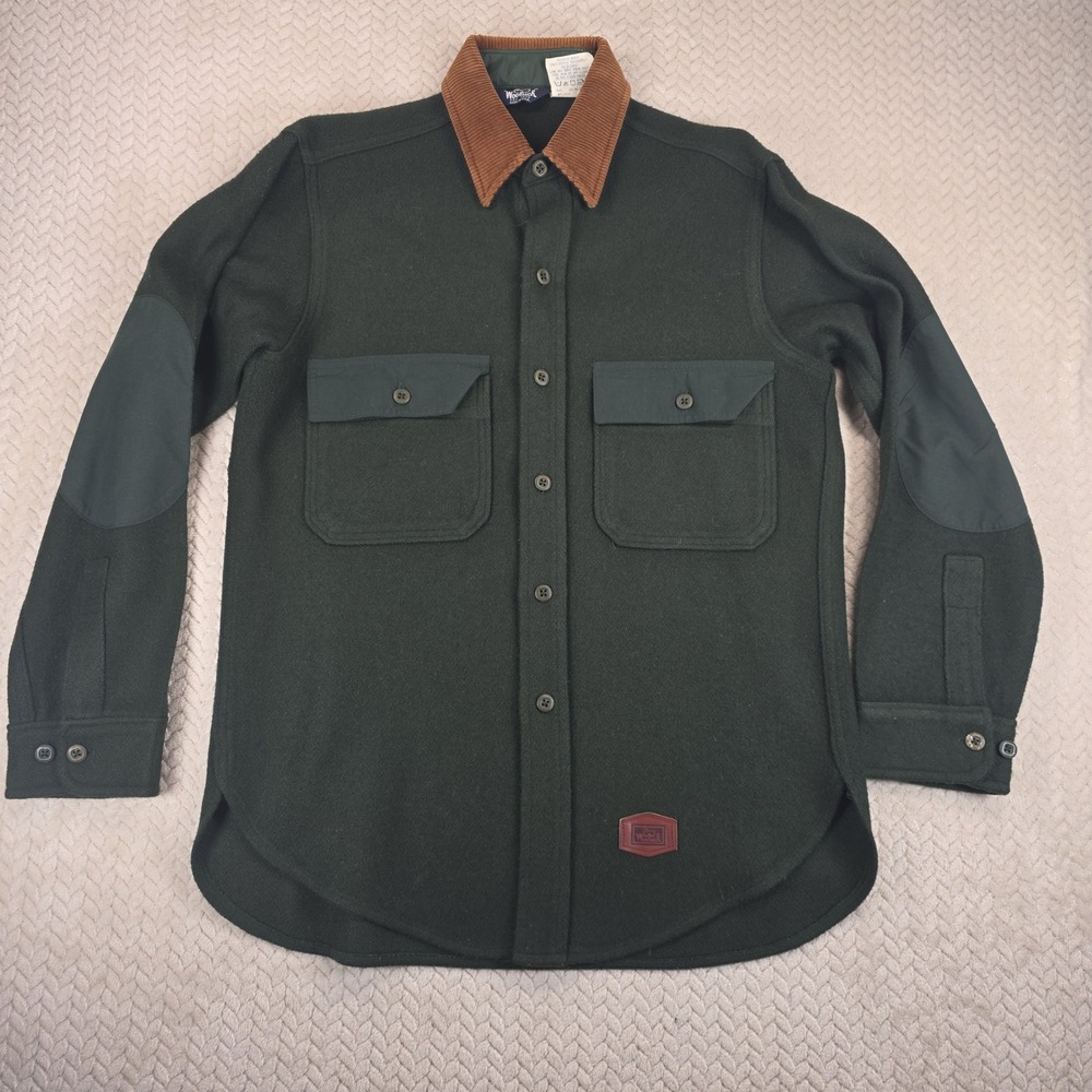 Woolrich Vintage Wool Blend Shirt Shacket Hunter Green Corduroy Collar  M USA